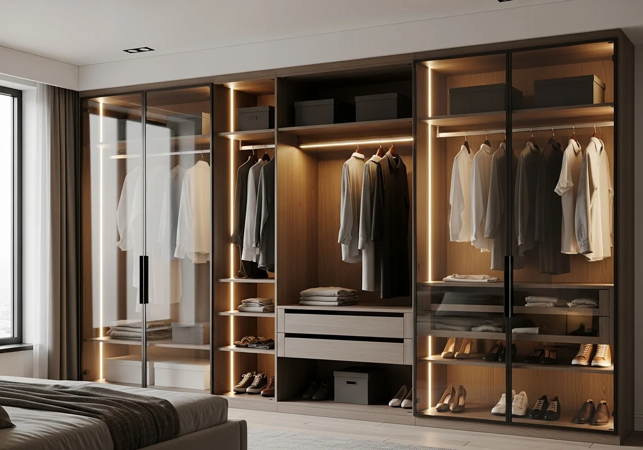 Stylish bedroom closet ideas with smart storage solutions, modern shelves, sliding doors, and functional wardrobe design