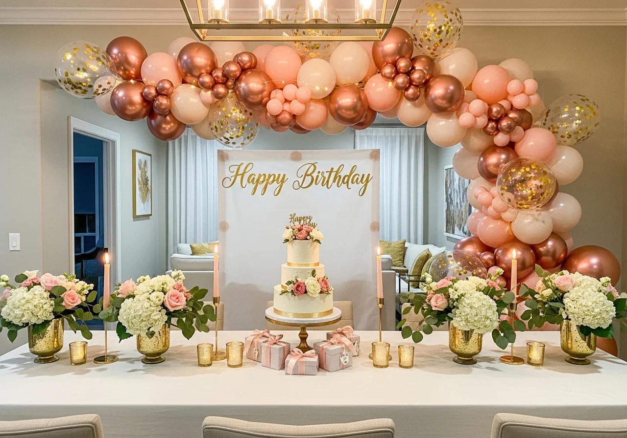 stunning birthday decoration at home ideas with balloons lights cake and stylish party setup