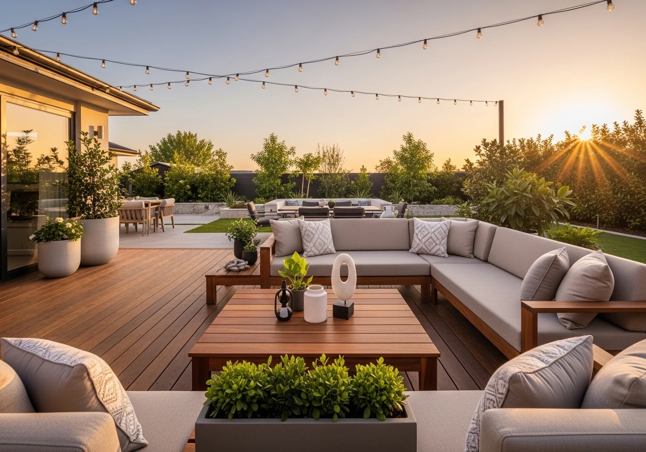 Modern outdoor kitchen with built-in grill, marble counter and stylish backyard design