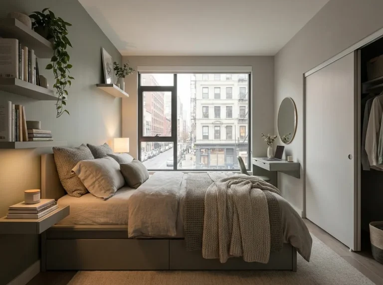 Modern apartment bedroom with high-mounted linen curtains near the ceiling, creating a taller window illusion and soft natural light interior