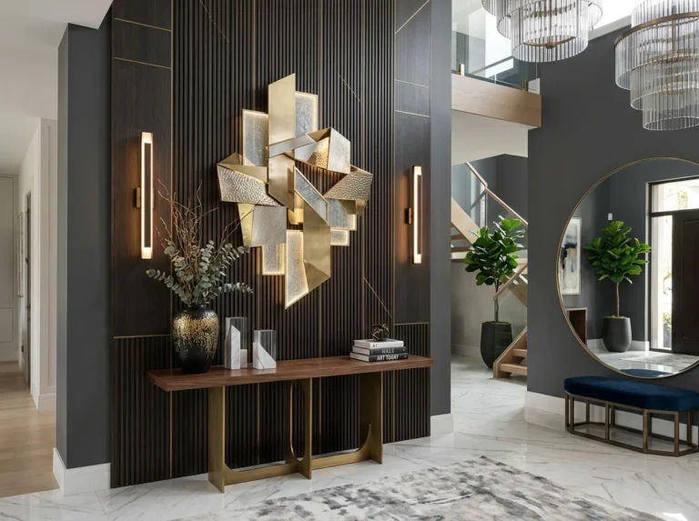Luxury foyer decor ideas with modern entryway table, elegant lighting, stylish mirror, and cozy neutral home accents
