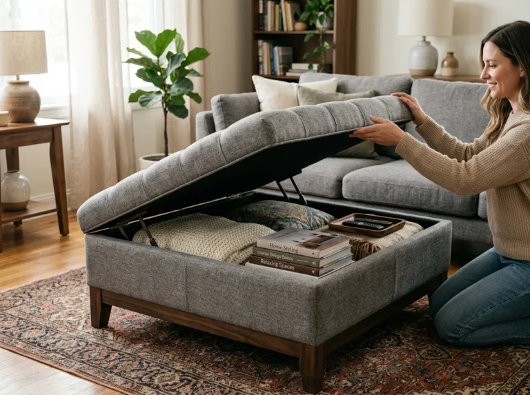 vertical floating shelves in a small living room maximizing wall storage space