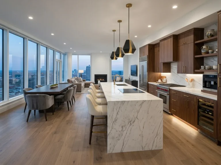 Elegant home interior featuring clean countertops, pendant lights, and smart storage