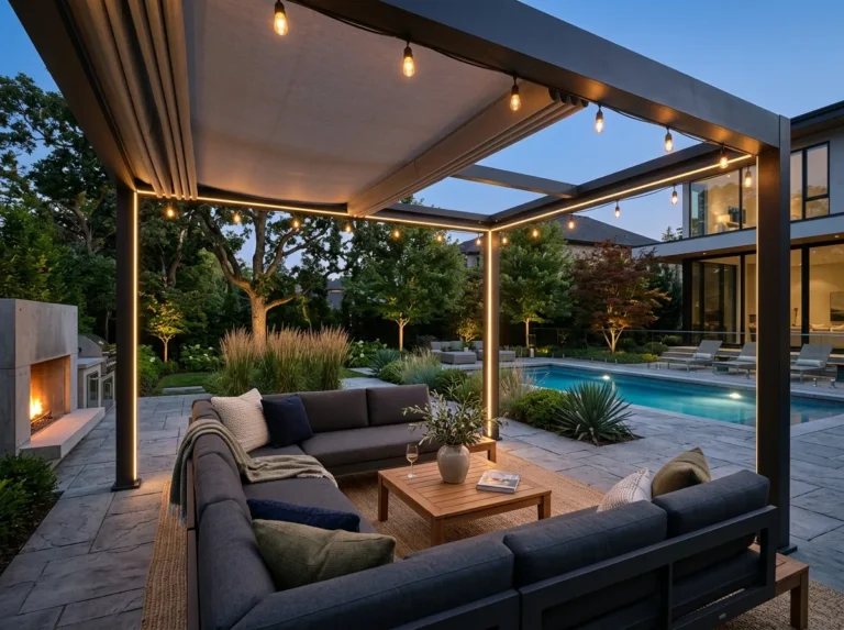 Modern pergola with LED lights and luxury outdoor kitchen in stylish backyard.